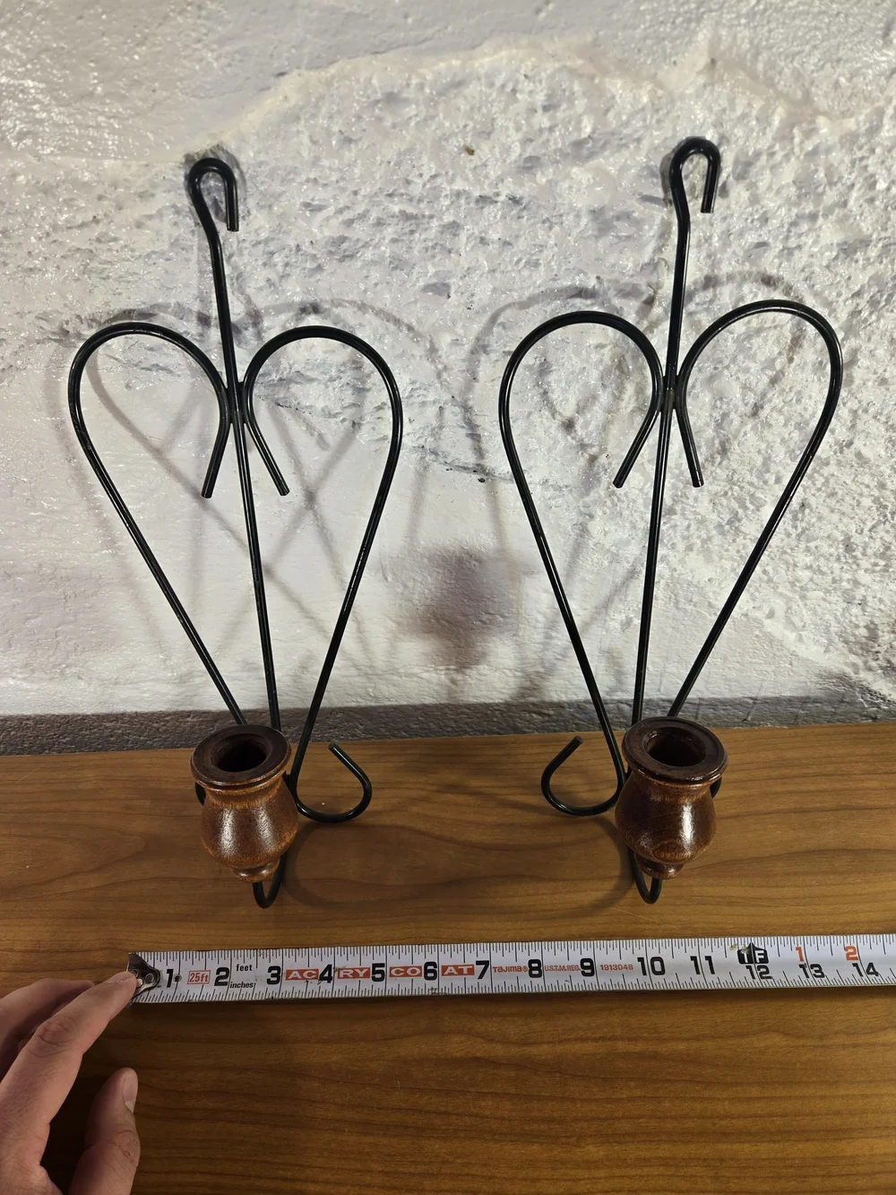 Rustic Heart Metal & Wood Wall Sconce Pair Taper Candle Holders Green